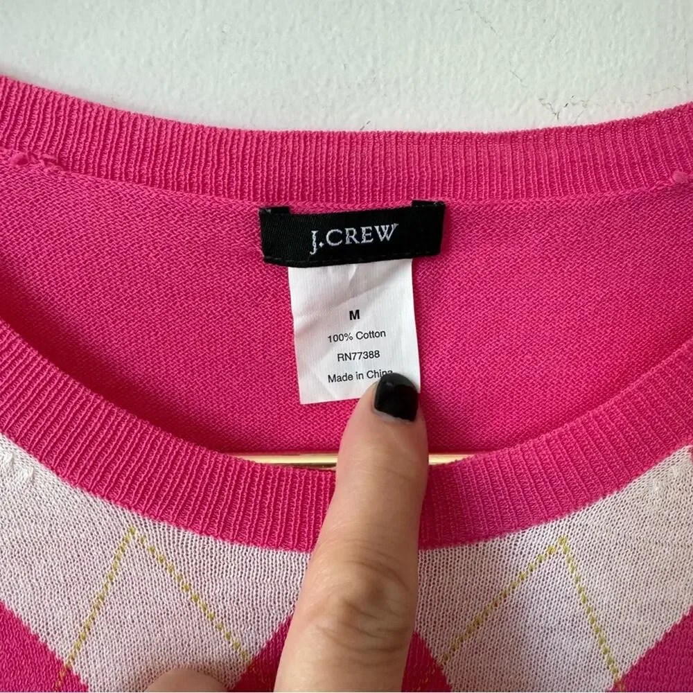 J. Crew Y2K Preppy Hot Pink Argyle Short Sleeve Lightweight Sweater M